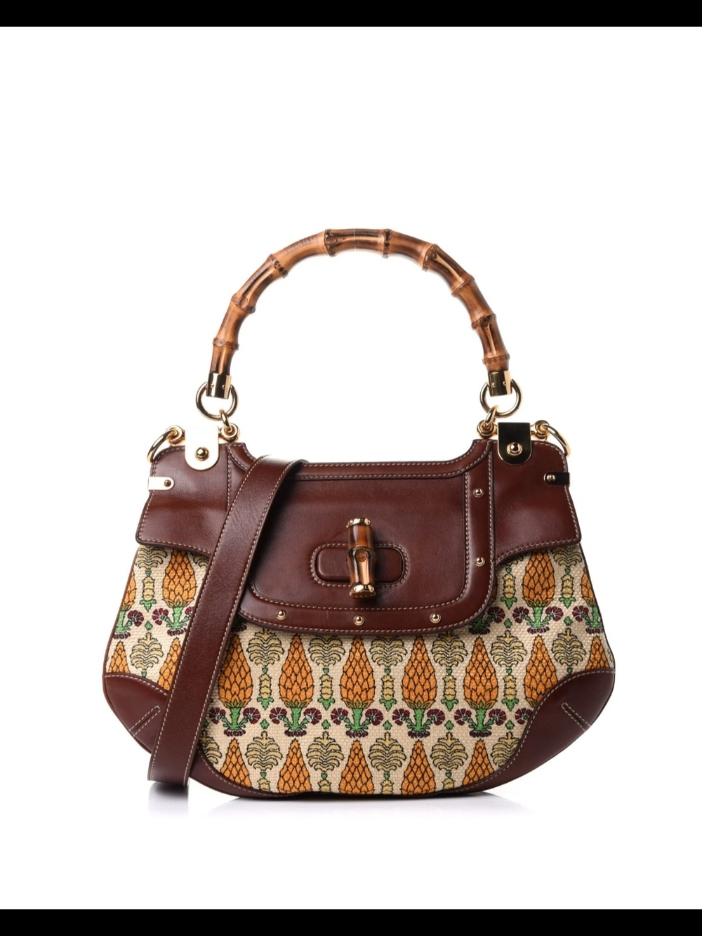 Gucci Canvas Pigna Print Peggy Bamboo Top Handle Bag Brown